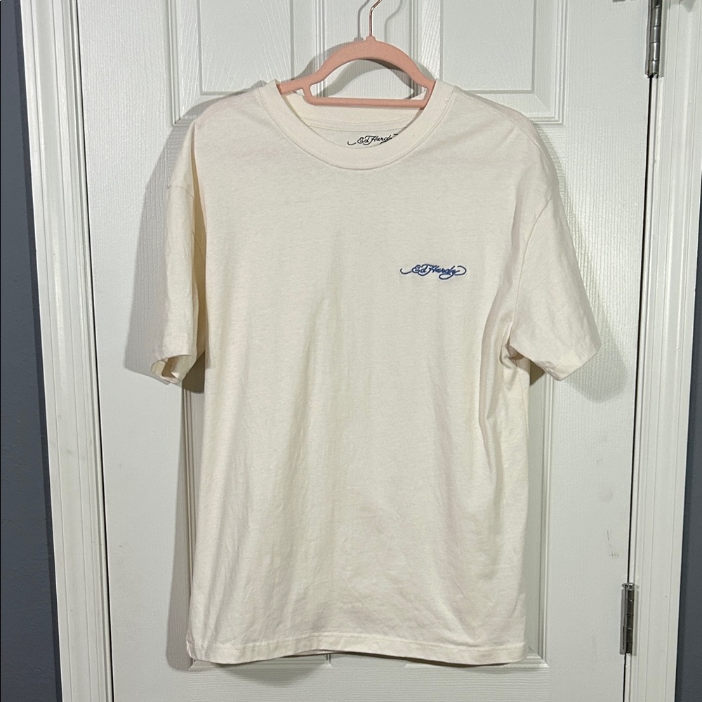 Ed Hardy Men’s Cream Tee with Blue Embroidered Logo Script Size Small